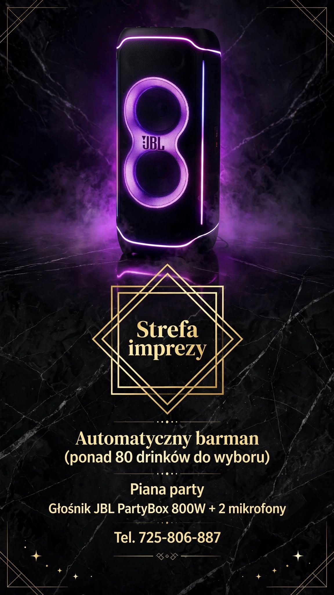 Głośnik JBL z fioletowym podświetleniem — materiał Strefy imprezy